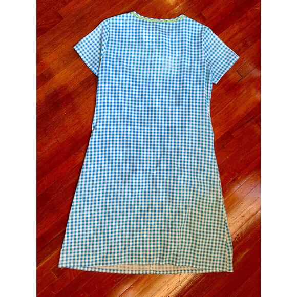 Vintage 70’s Blue White Gingham Chili Pepper House Coat Whimsy Dress Small Med - Picture 2 of 5